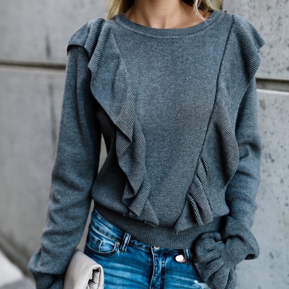 Abagal Gray Ruffle Bell Sleeve Sweater Top - Picture 2 of 6
